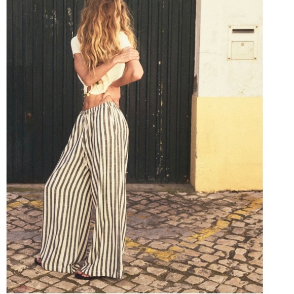 H&M Linen-Blend Wide-Leg Drawstring Striped Palazzo Pants XL - Picture 1 of 11